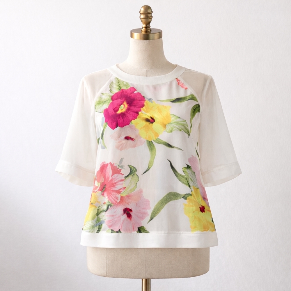 Ted Baker Silk Short Sleeve Cream Floral Print Top Size 1